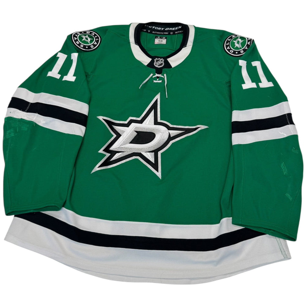 Green hockey jersey with number 11 and logo on a white background