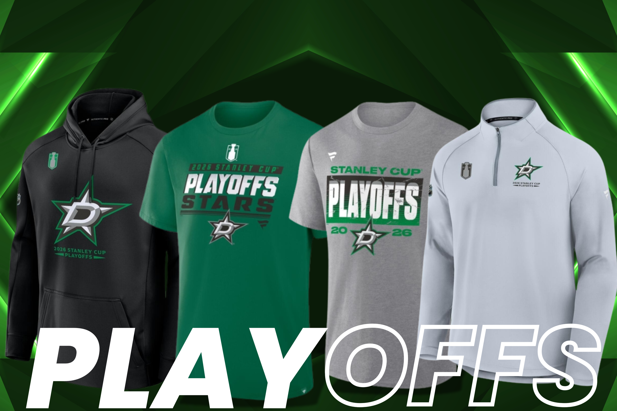 Collection of sports team merchandise with 'Playoffs' text on a green and black background