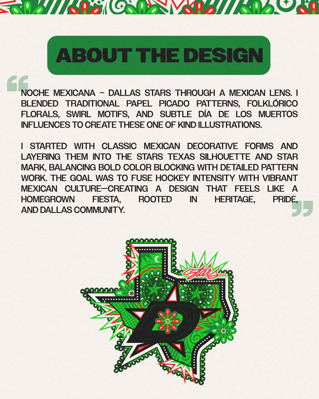 Design description with a Texas-shaped logo and text on a white background