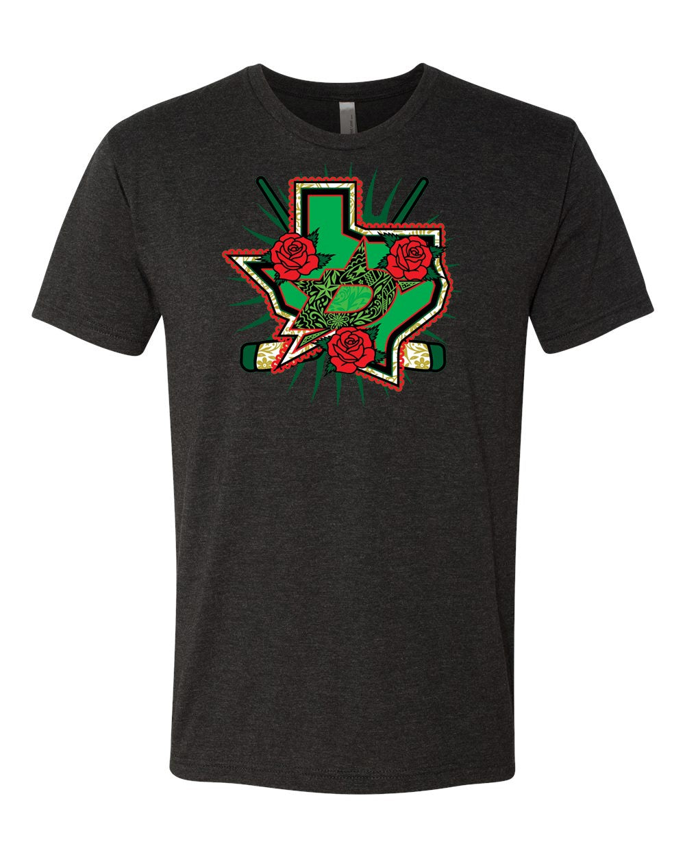 Black t-shirt with a graphic design of Texas state outline on a white background