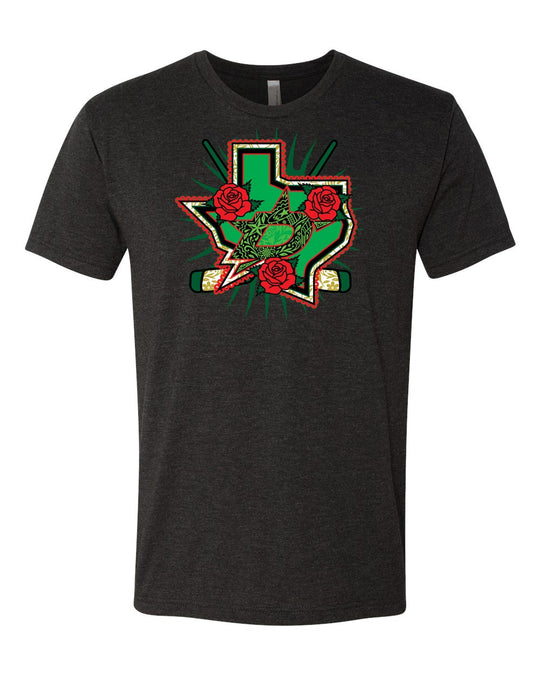 Black t-shirt with a graphic design of Texas state outline on a white background
