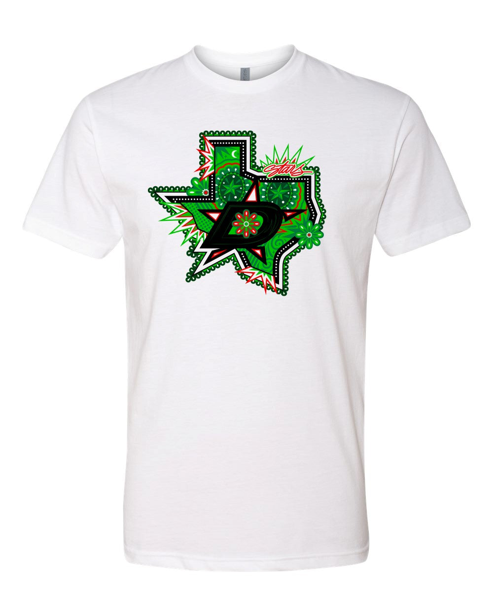 White t-shirt with a Noche Mexicana graphic design on a white background