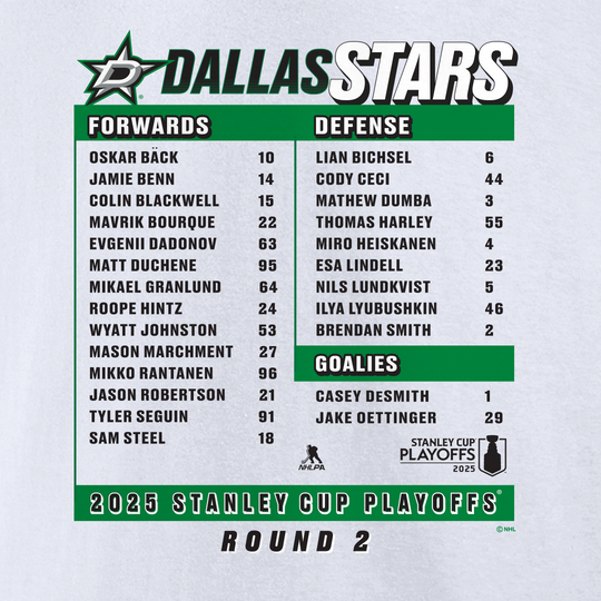 DALLAS STARS FANATICS 2025 ROUND 2 PLAYOFF ROSTER S/S TEE