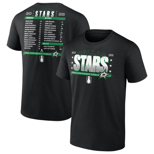 DALLAS STARS FANATICS 2025 WESTERN CONFERENCE FINAL ROSTER TEE - FRONT AND BACK VIEW