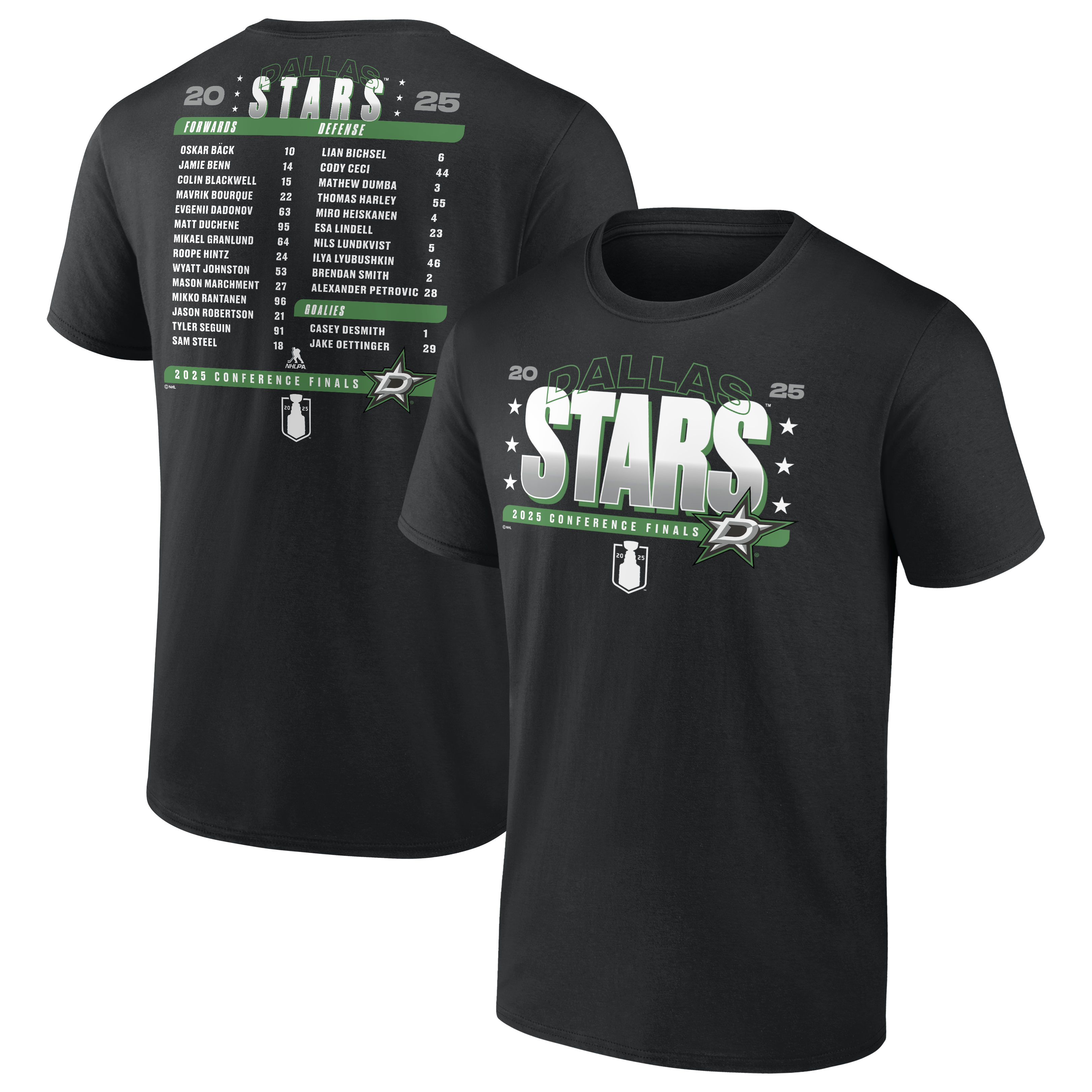DALLAS STARS FANATICS 2025 WESTERN CONFERENCE FINAL ROSTER TEE - FRONT AND BACK VIEW