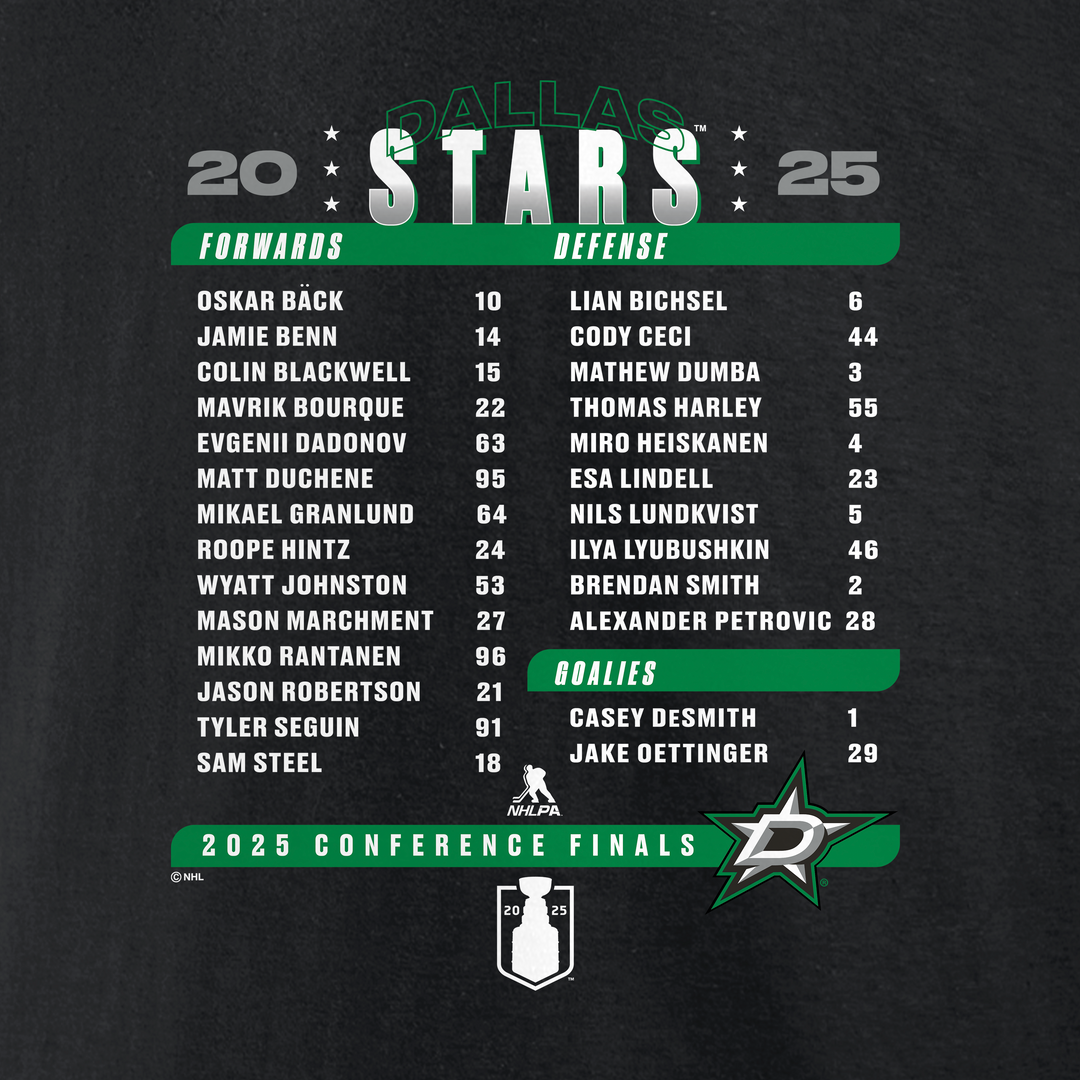 DALLAS STARS FANATICS 2025 WESTERN CONFERENCE FINAL ROSTER TEE - ROSTER VIEW
