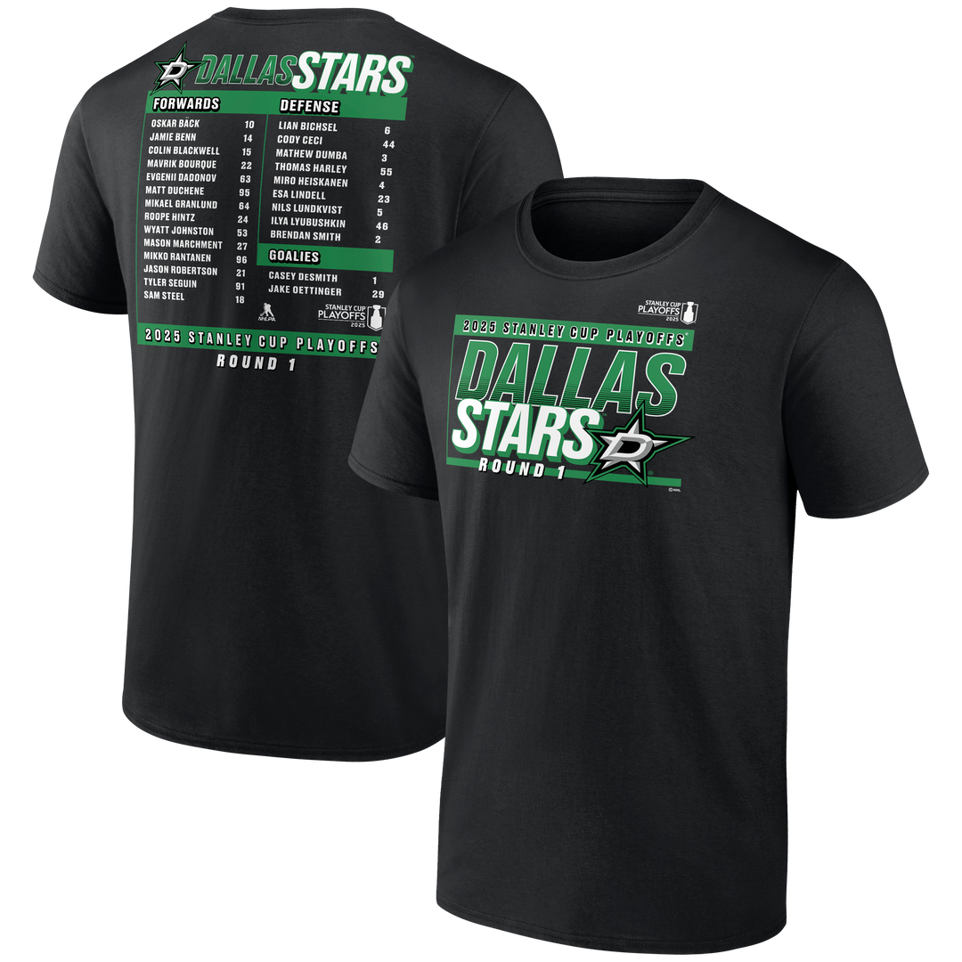 DALLAS STARS FANATICS 2025 ROUND 1 PLAYOFF ROSTER S/S TEE - FRONT & BACK VIEW