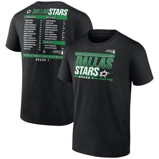 DALLAS STARS FANATICS 2025 ROUND 1 PLAYOFF ROSTER S/S TEE - FRONT & BACK VIEW