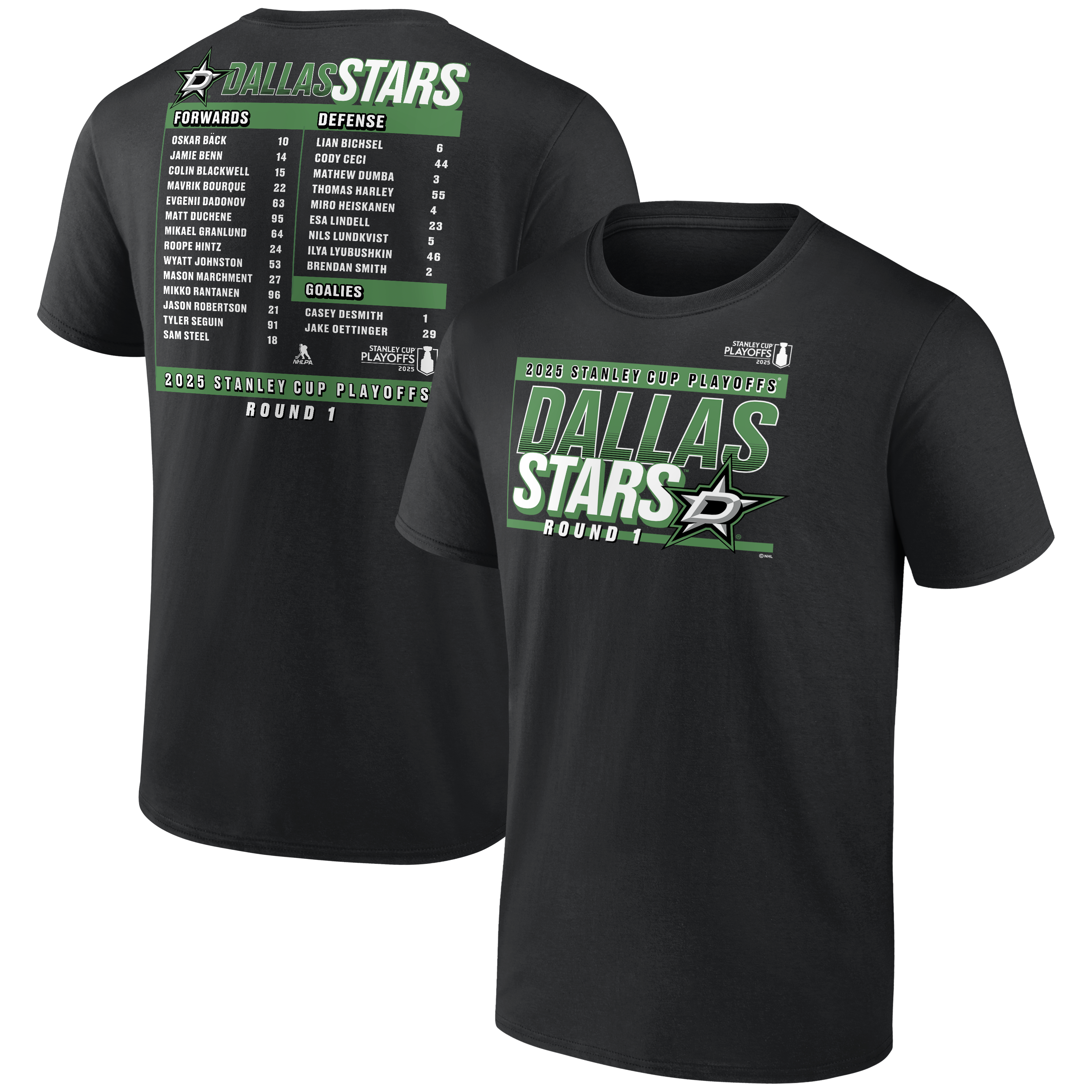DALLAS STARS FANATICS 2025 ROUND 1 PLAYOFF ROSTER S/S TEE - FRONT & BACK VIEW