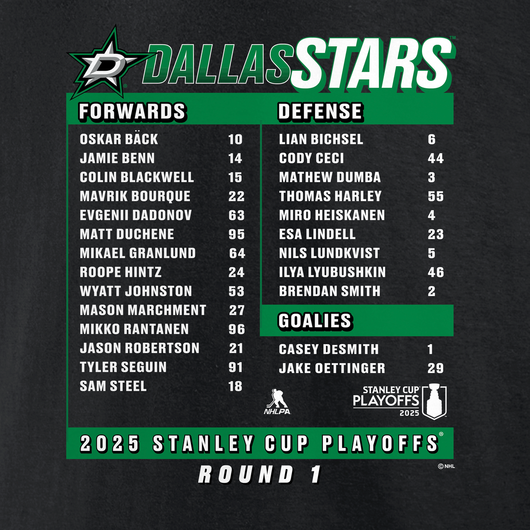 DALLAS STARS FANATICS 2025 ROUND 1 PLAYOFF ROSTER S/S TEE - BACK GRAPHIC VIEW