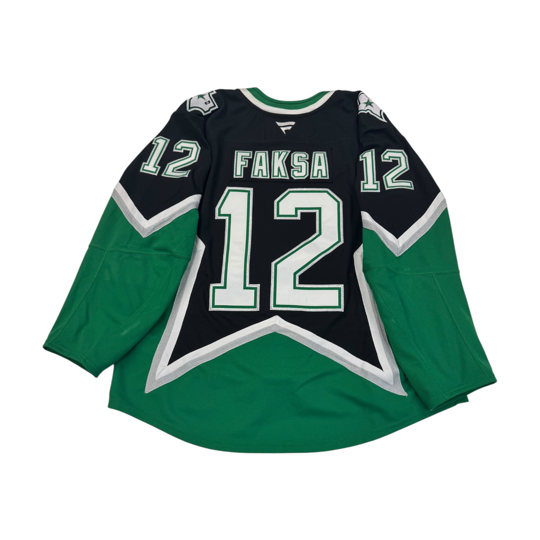 Dallas Stars '99 Alternate Hockey jersey with number 12 and name 'Faksa' on back. Jersey on a white background