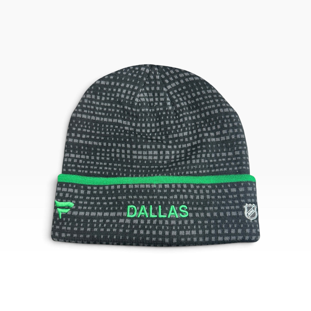 A dark gray and black patterned knit beanie with a bright green cuff stripe, green &