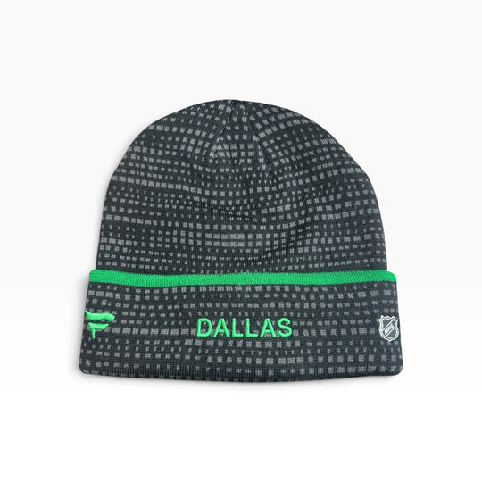 A dark gray and black patterned knit beanie with a bright green cuff stripe, green &