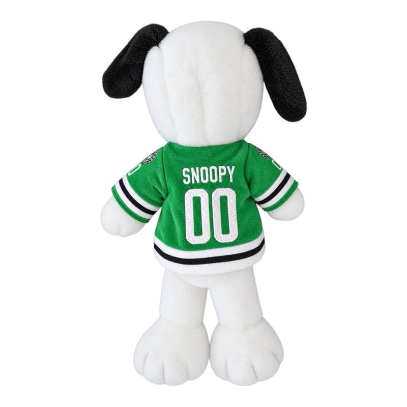 A plush Snoopy doll shown from the back, wearing a green hockey-style jersey with 'SNOOPY' and the number '00' in white, with black and white ears and white paws on a plain white background.