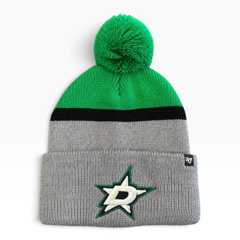 A knit pom-pom beanie hat in bright green, black, and heather gray, featuring the Dallas Stars logo embroidered on the front cuff and a small &