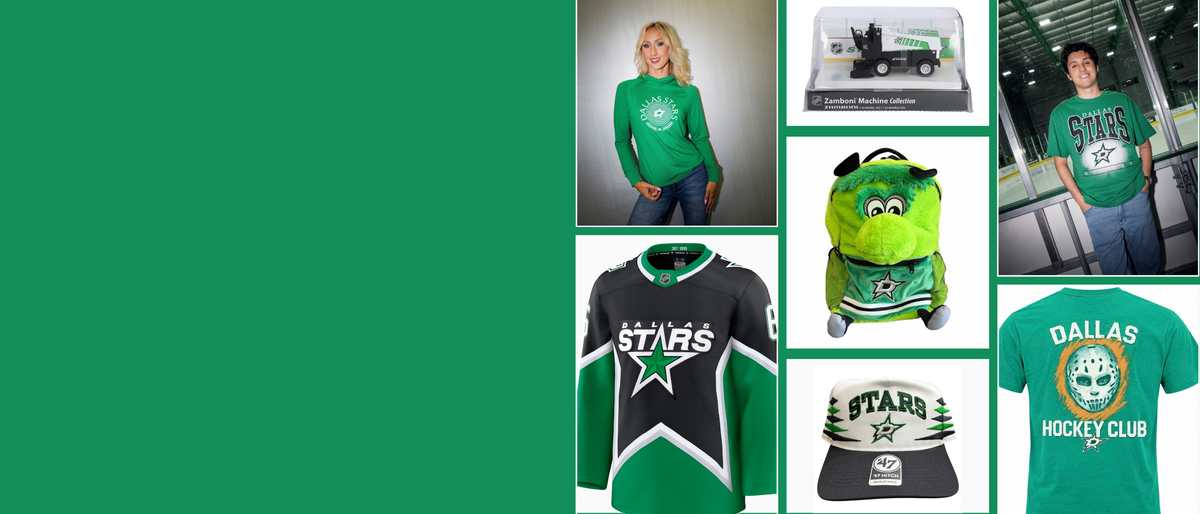 A collage of Dallas Stars hockey merchandise on a green background, including apparel and accessories: a green long-sleeve shirt, a small die-cast hockey car, a green backpack, a Dallas Stars hockey jersey, a Dallas Stars baseball cap, and a green T-shirt.