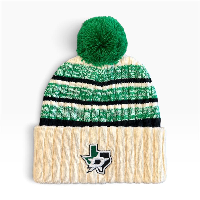A knit pom-pom beanie hat featuring green, cream, and black horizontal stripes on the upper half, with a cream ribbed cuff on the lower half. The cream cuff is embroidered with a green and black TX DALLAS STARS logo.