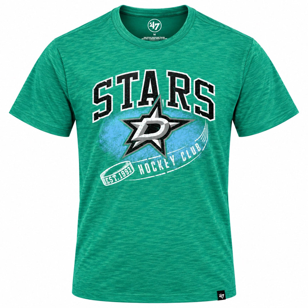 Kelly green heathered Dallas Stars short-sleeve T-shirt featuring large black-and-white “STARS” lettering, the Dallas Stars logo over a blue hockey graphic, and a curved “EST. 1993 HOCKEY CLUB” design. White background.