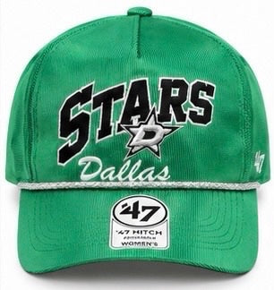 A green Dallas Stars baseball cap by '47, featuring 'STARS Dallas' text and a '47 logo on the front, with a '47 Hitch Women's sticker on the brim.