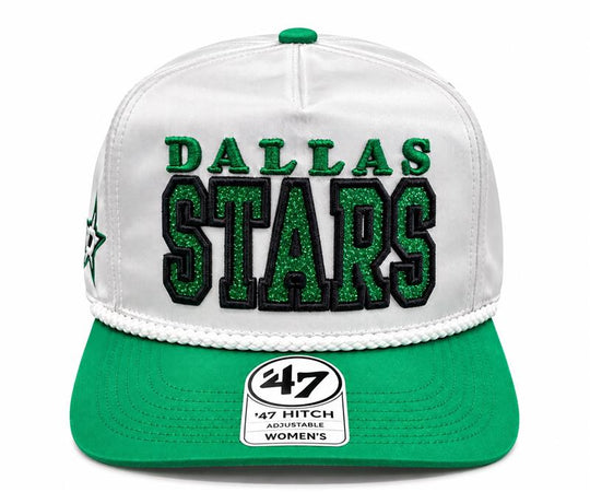 A white and green Dallas Stars snapback cap by 47, featuring green glittery &