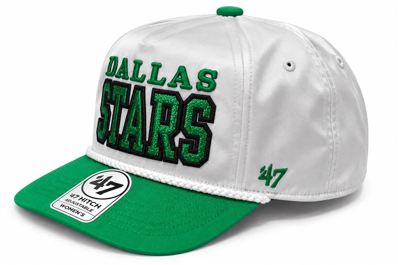 A white and green Dallas Stars baseball cap by '47, featuring green glittery 'DALLAS STARS' lettering on the front, a green visor, and a green button on a white background.