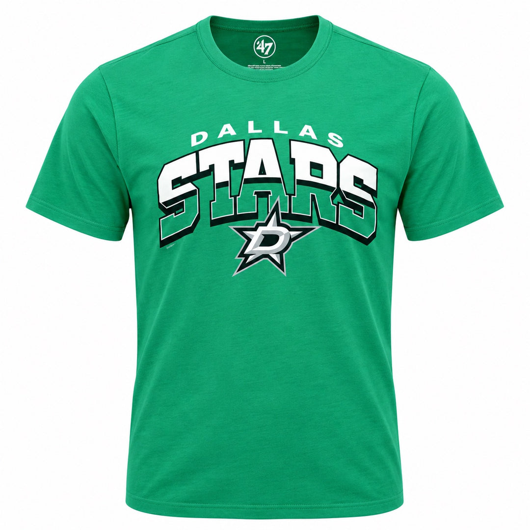 Kelly green short-sleeve Dallas Stars T-shirt featuring large white and black “STARS” lettering with “DALLAS” above and the Dallas Stars logo centered below. Crew neckline and solid green fabric. White background.