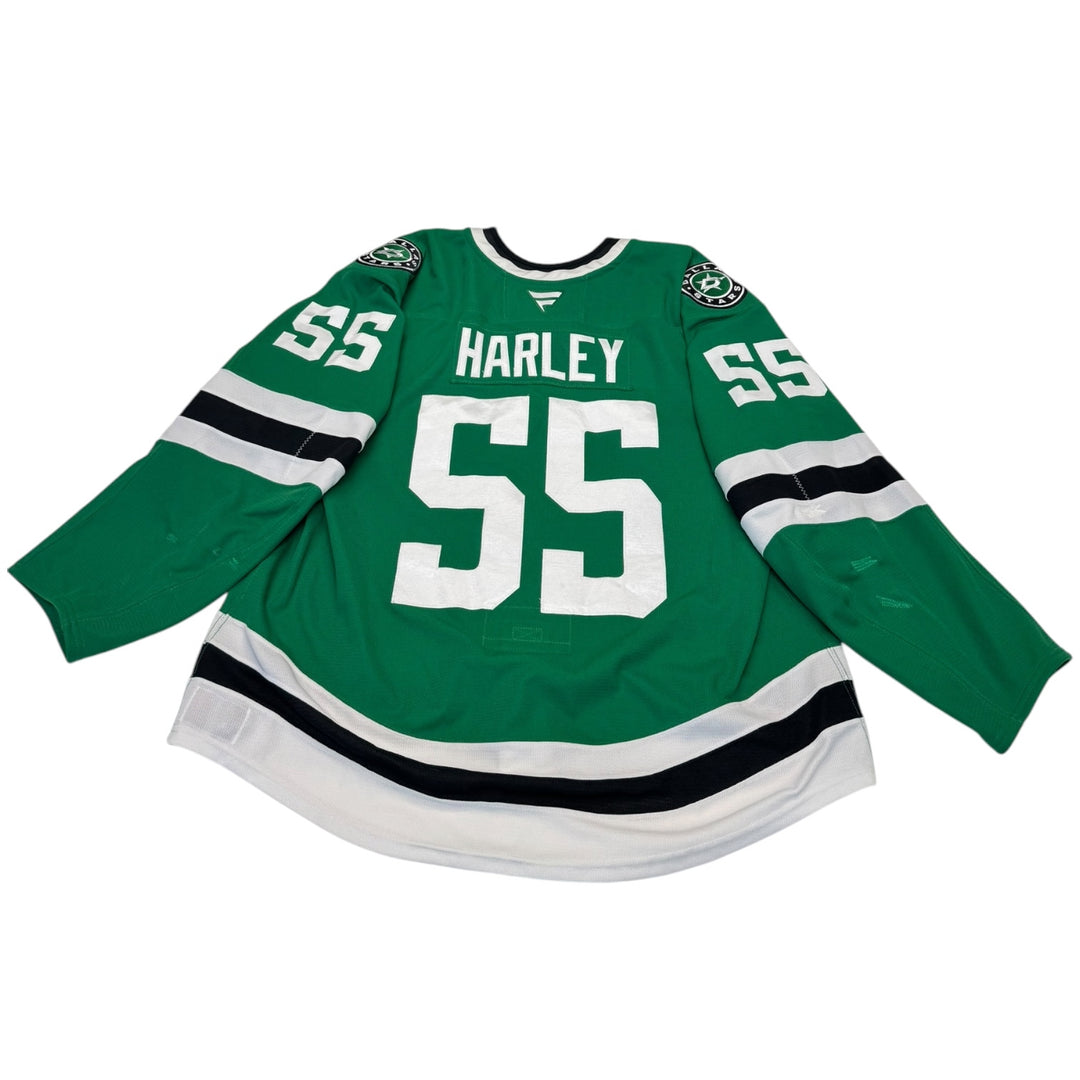 Game worn Dallas Stars home hockey jersey with 'Harley' and number '55' on a white background