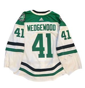 PHOTO OF SCOTT WEDGEWOOD 2023-24 GAME WORN SET 2 AWAY JERSEY - BACK VIEW