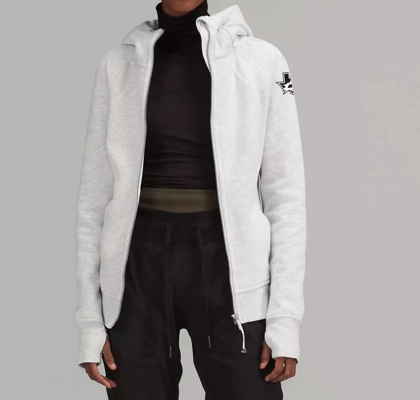 MODEL IS WEARING DALLAS STARS LULULEMON SCUBA FULL ZIP HOODY GREY