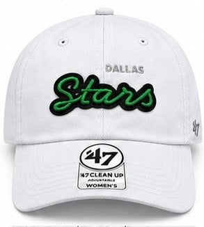 A white baseball cap featuring a green and black embroidered &