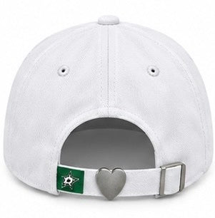White baseball cap shown from the back, featuring a Dallas Stars logo patch with a white star on the side and a silver metal heart charm on the adjustable strap.