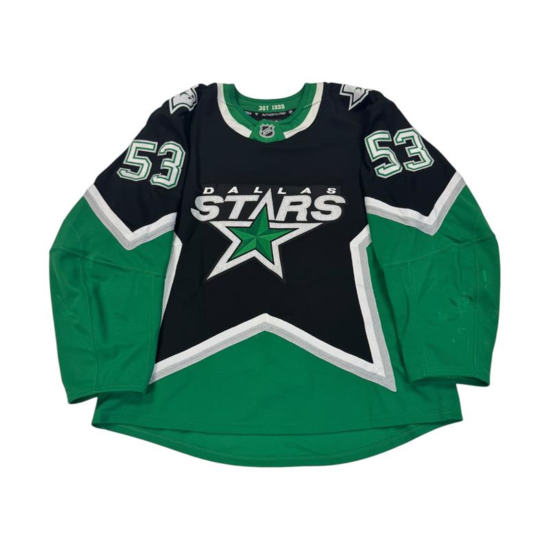 Dallas Stars hockey jersey with number 53 on sleeves. Jersey on a white background