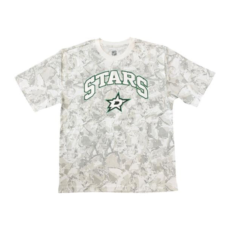 Dallas Stars short-sleeve T-shirt with an all-over light gray/white camouflage pattern, green outlined “STARS” lettering, and the Dallas Stars logo centered on the chest. Product shown flat on a white background.