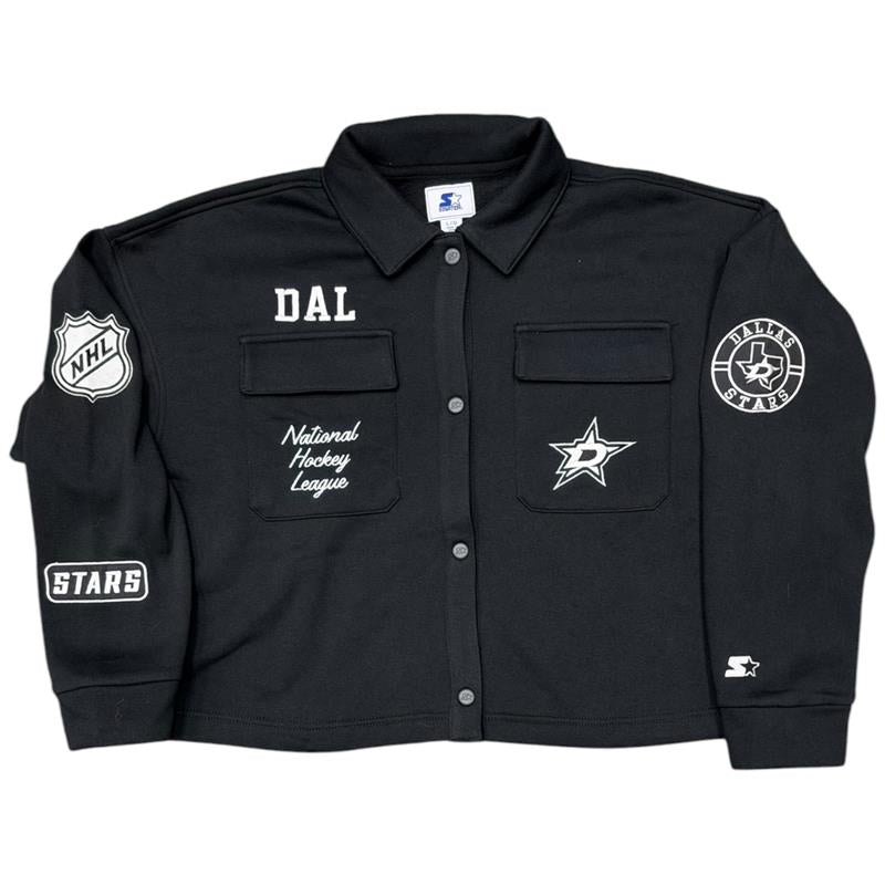 A black button-up boxy cropped jacket featuring Dallas Stars NHL graphics, including the team logo on the left chest, &