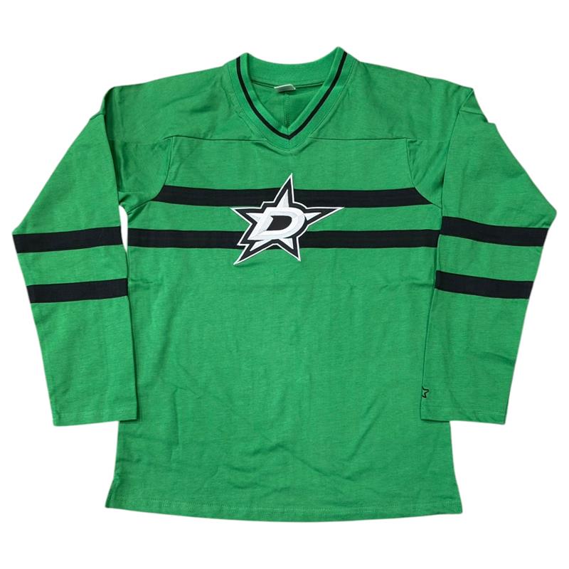 A green long-sleeve rugby shirt with black stripes on the chest and sleeves, featuring the Dallas Stars logo on the front.