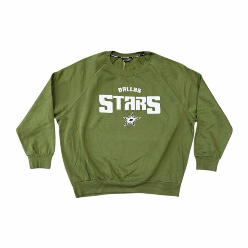 An olive green crewneck sweatshirt featuring &