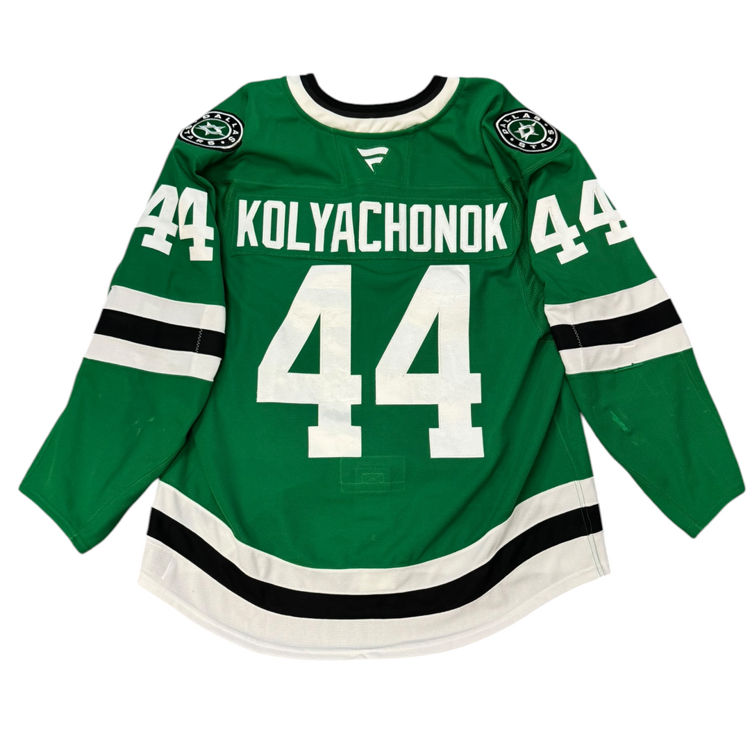 Game Worn Dallas Stars home hockey jersey with number 44 and name 'Kolyachonok' on a white background