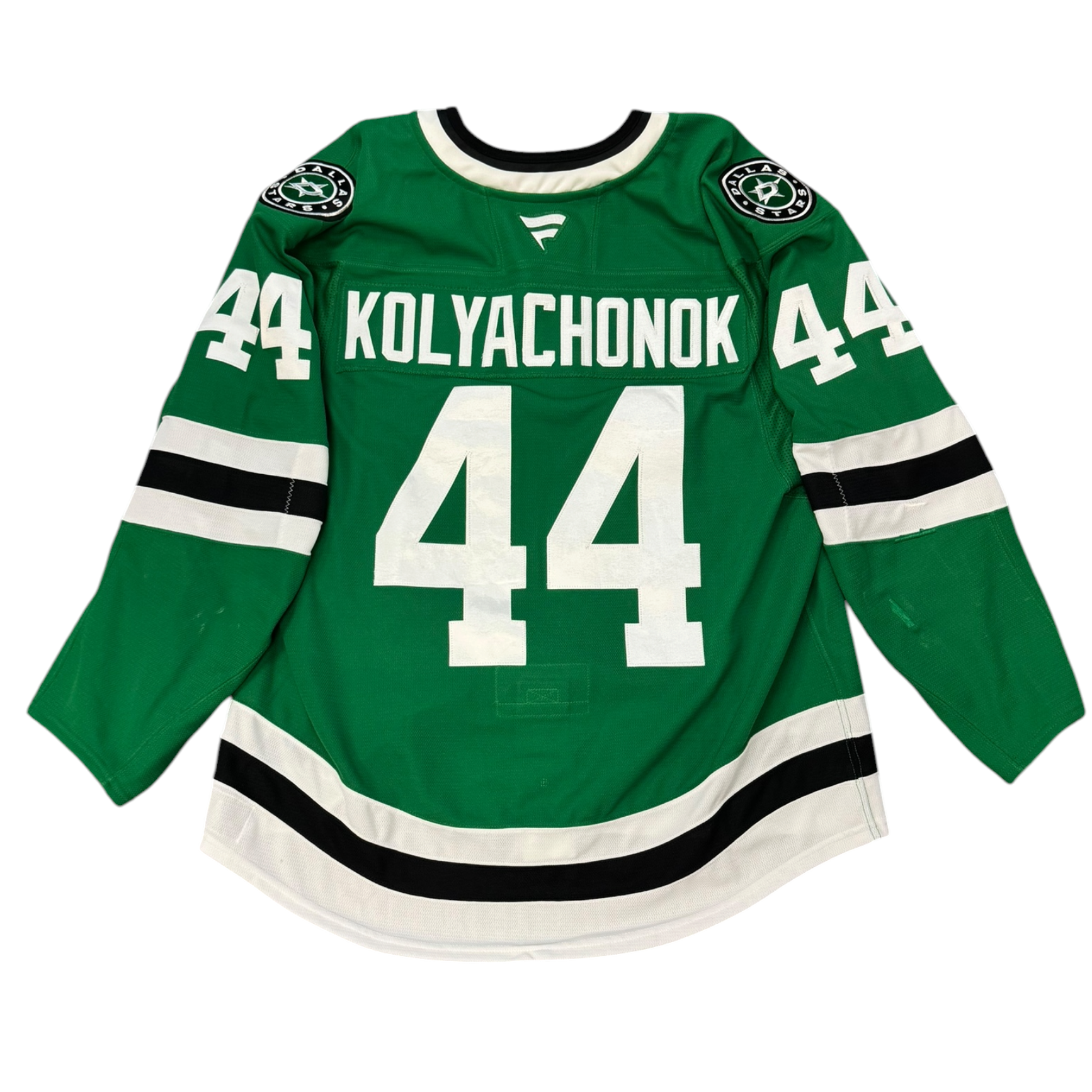 Game Worn Dallas Stars home hockey jersey with number 44 and name 'Kolyachonok' on a white background