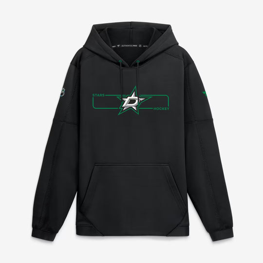 A black pullover hoodie featuring the Dallas Stars hockey logo printed on the chest in green and white, with a drawstring hood and kangaroo pocket, shown against a white background.
