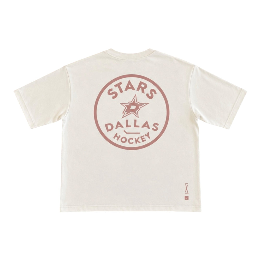 An off-white short-sleeve t-shirt showing the back, which features a tan circular graphic with the text 'STARS DALLAS HOCKEY' and a star logo.