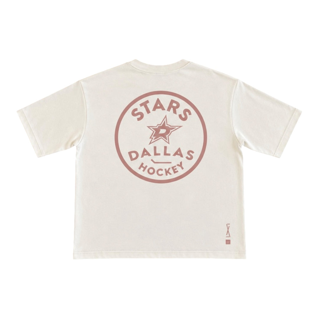 An off-white short-sleeve t-shirt showing the back, which features a tan circular graphic with the text &