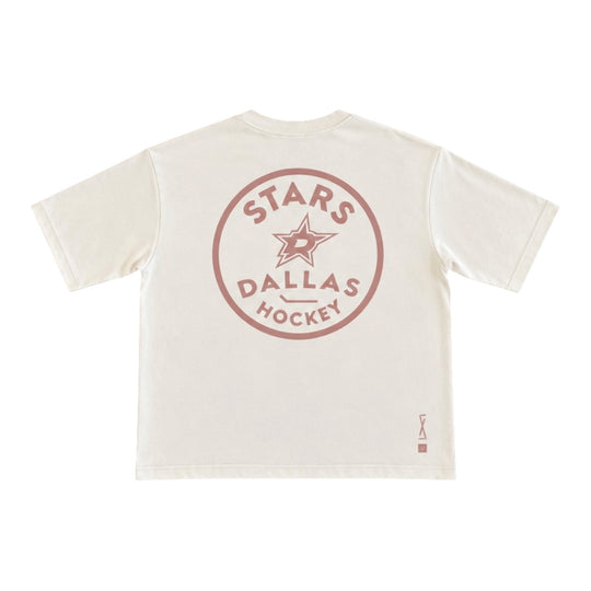 An off-white short-sleeve t-shirt showing the back, which features a tan circular graphic with the text &