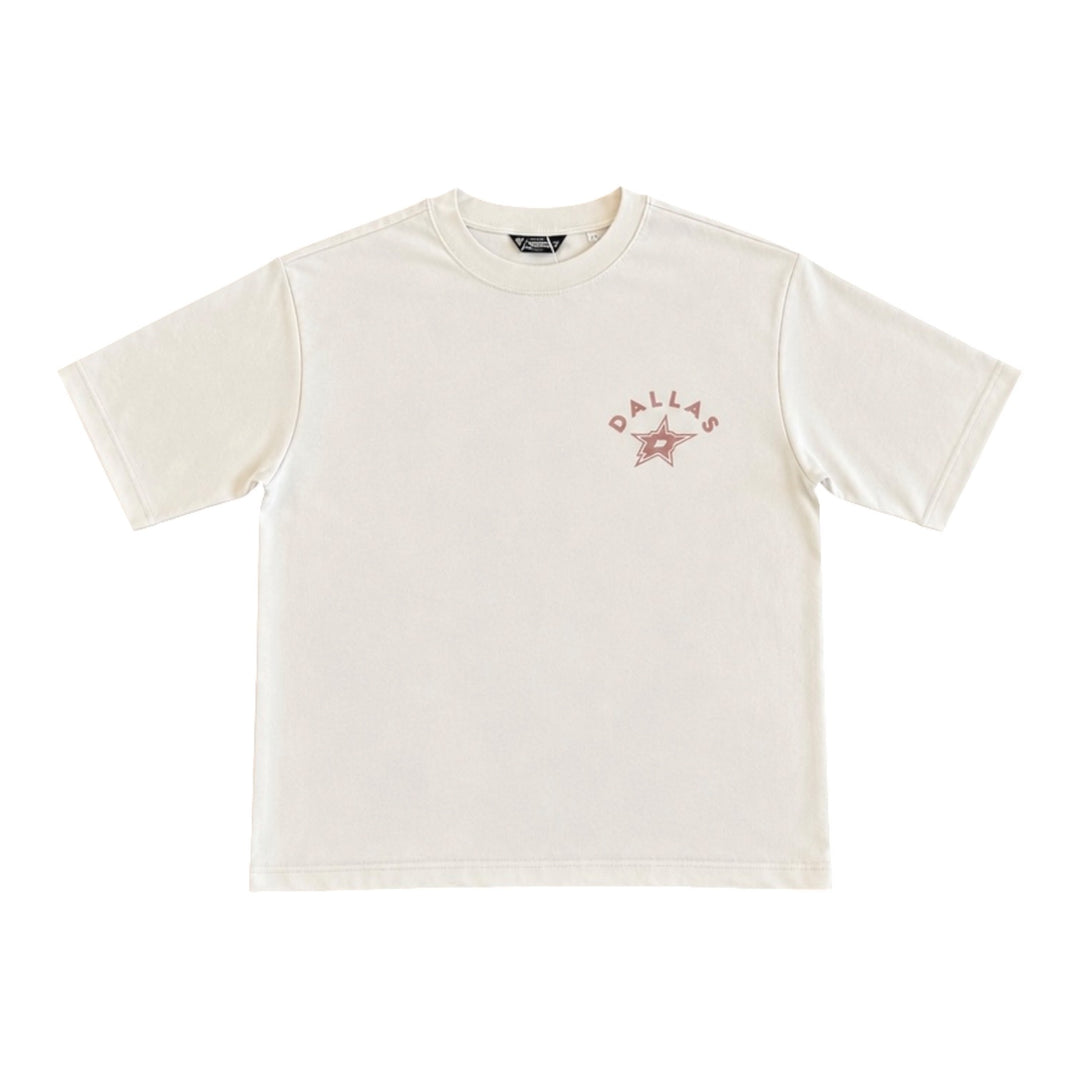 An off-white short-sleeve crewneck t-shirt with a tonal graphic on the left chest featuring the text &