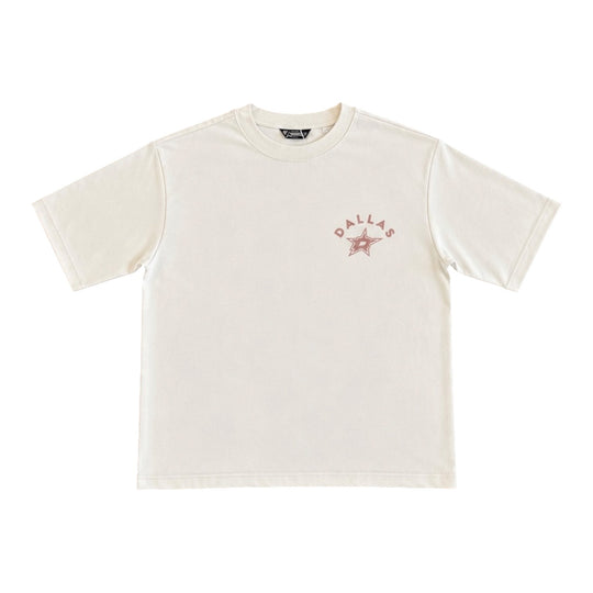 An off-white short-sleeve crewneck t-shirt with a tonal graphic on the left chest featuring the text &
