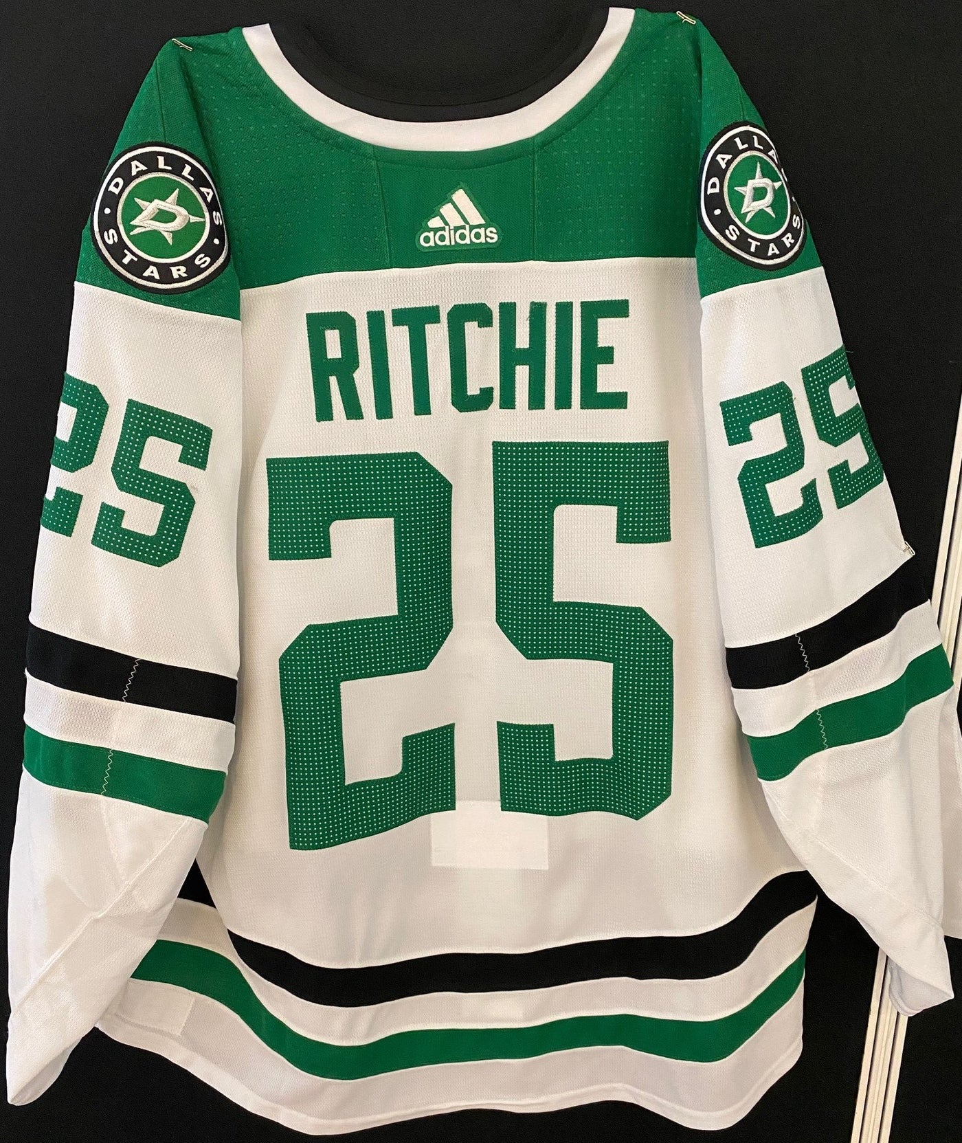 Brett Ritchie 18/19 Game Worn Away Jersey - Set 3 in Green and White - Back View