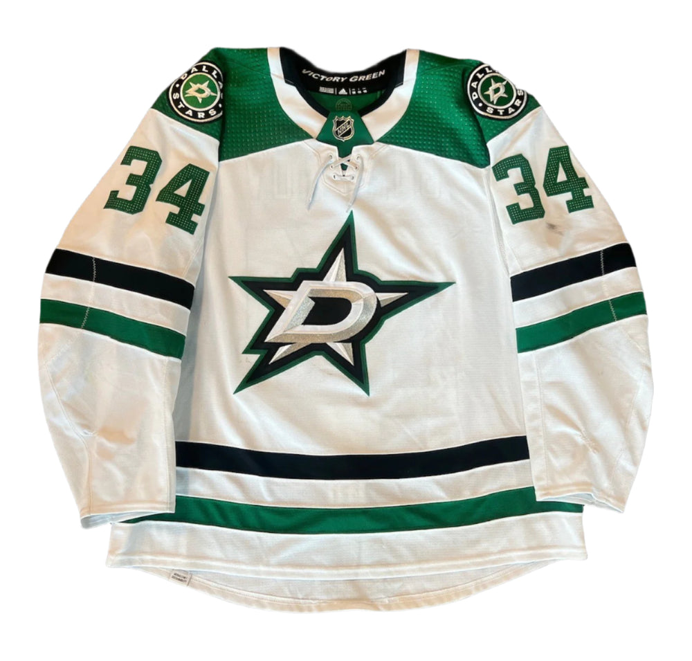 Denis Gurianov 21-22 Game Worn Set 1 Away Jersey in Green and White - Front View