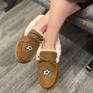 Dallas Stars Women's Tan Moccasin Slipper - Top Worn View