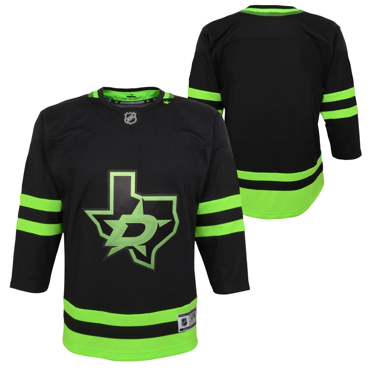 Dallas Stars Outerstuff Youth Blackout 3rd Premier Jersey in Black - Front and Back View