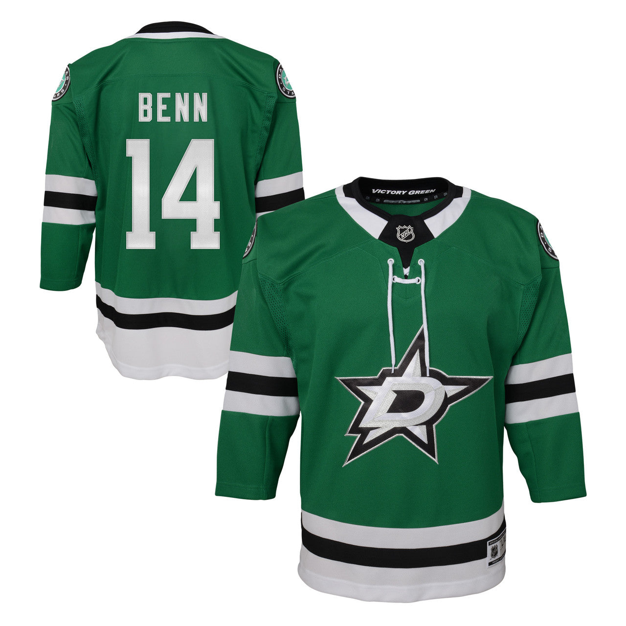 Dallas Stars Youth Outerstuff Jamie Benn Premier Jersey in Green -front and Back View