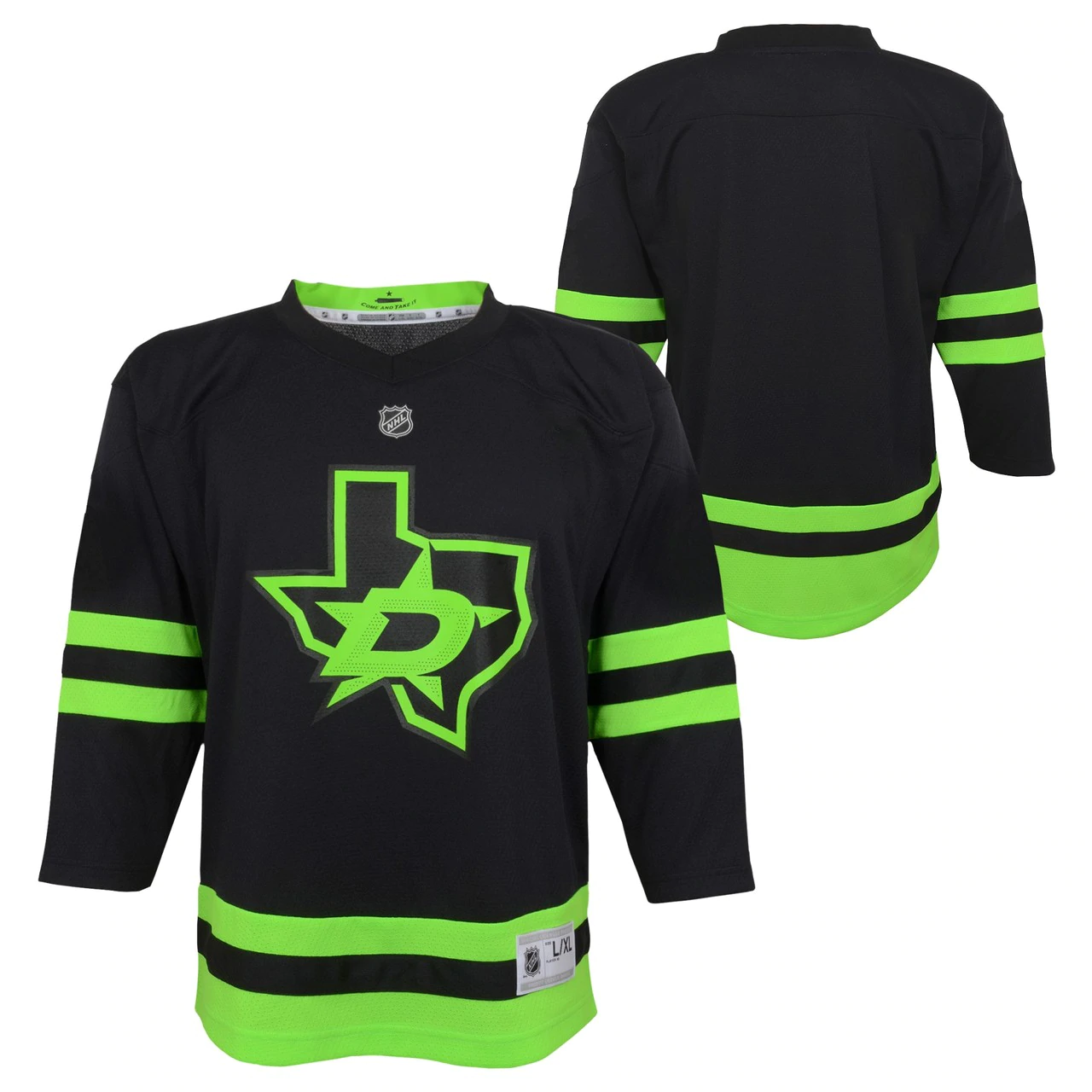 DALLAS STARS OUTERSTUFF KIDS BLACKOUT 3RD JERSEY - FRONT AND BACK VIEW
